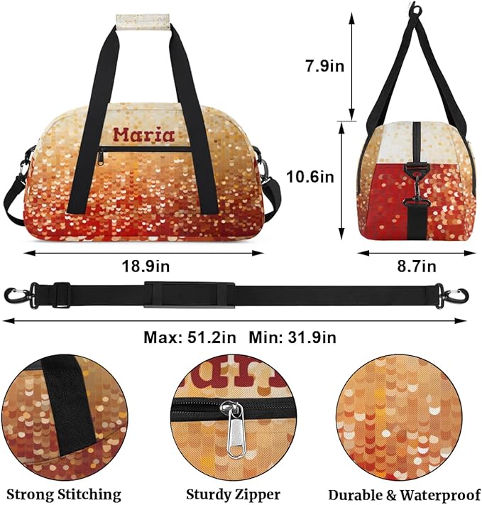 Personalized Kids Sports Duffel Bag with Name Custom Weekender Overnight Bag for Boys Girls Gym Bag Travel Dance Gymnastics Duffel Bag, Red Glitter Golden Shiny