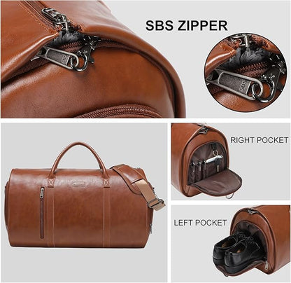 Leather Garment Bag for Travel, Modoker Carry On Travel Bag with Shoulder Strap - Ideal for Business Trips and Weekend Getaways - The Garment Duffel Bag for Traveling Men Women, Light Brown