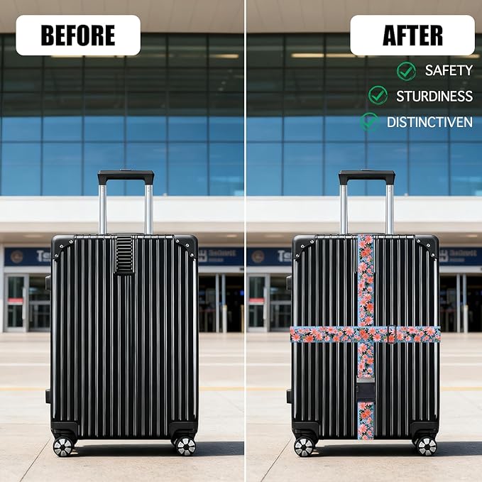 Nuxovilar Luggage Straps of 2 Set Pink Flowers Pattern, 1.96x90.5 inches - Luggage Straps for Suitcases, Fit for Summer Travel, Beach Trips, Daily Use