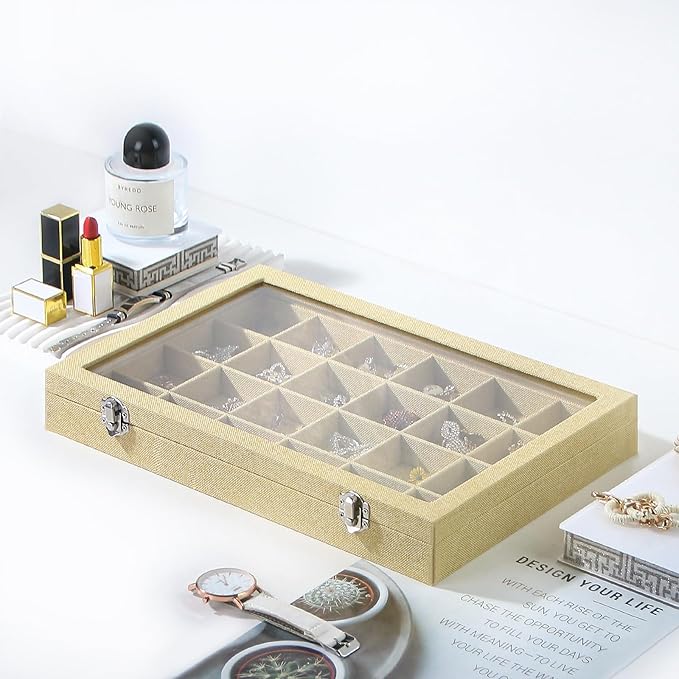 Coward Jewelry Organizer Box, Yellow Linen 24 Grids Ring Earring Jewelry Display Tray Case with Transparent Glass Lid for Home Drawer or Shop Selling