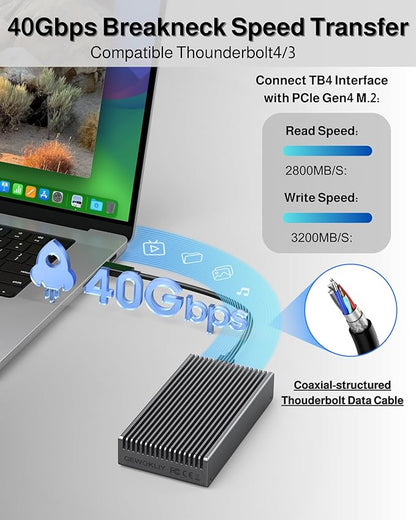 Noiseless 40Gbps M.2 NVMe Enclosure, USB C Aluminum External SSD Enclosure Compatible Thunderbolt4/3 8TB SSD Adapter, PCIe Gen4 M.2 SSD Reader Fits 2280/2260/2242/2230mm M B+M Key