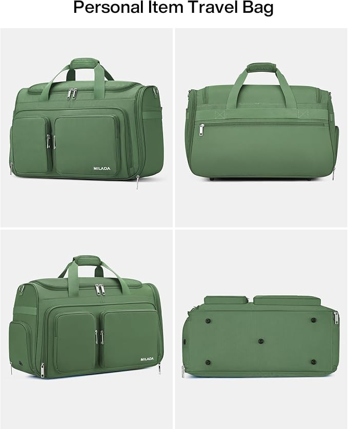MILADA Carry On Luggage Bags for Travel Large Foldable Duffle Bag for Travel Lightweight Personal Bags for Airplanes Weekend Overnight Bags for Women Mens Travel Bag, Forest Green