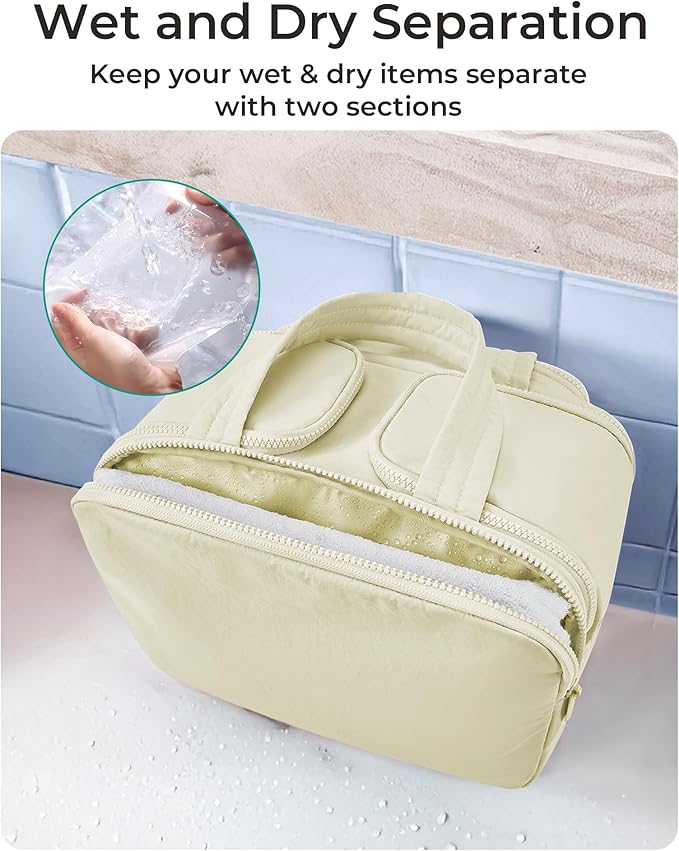 BAGSMART Travel Toiletry Bag, Crush Toiletry Bag for Women, Wide-open Puffy Toiletry Bags for Traveling, Large Travel Cosmetic Makeup Bag Organizer for Accessories,Toiletrie, Beige
