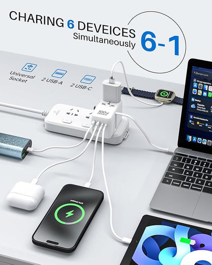 DOACE Universal Travel Adapter, 100W GaN 3.0 International Power Adapter with Built-in USB-C Cable, 6 in 1 Travel Adapter with 5 USB Ports, Plug Adapter Worldwide for EU/UK/USA/AUS(White)