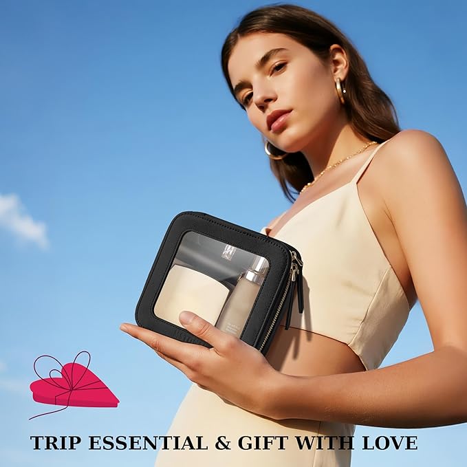 Clear Makeup Bag, Travel Toiletry Bag Cosmetic Case for Women, Waterproof Portable Small Make Up Skincare Pouch with Zipper, Compact Car Organizer Bag for Essentials, Mini Size, Black