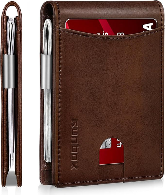 RUNBOX Money Clip Slim Wallets for Men RFID Blocking 11 Card Holder Minimalist Small Leather Bifold Men's Front Pocket Wallet Gift Box