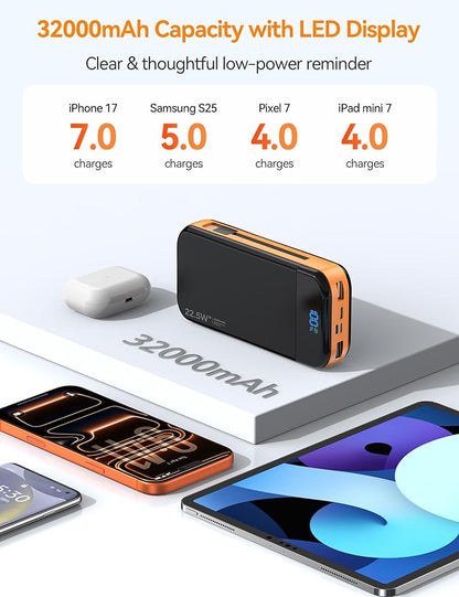 Portable Charger Power Bank Built-in Cables, 32000mAh 22.5W USB C Fast Charging, 5 Outputs 3 Inputs Travel Essentials Battery Pack Compatible with iPhone, iPad, Samsung, Google Pixel, Orange