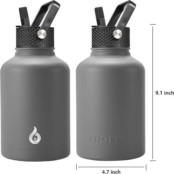 BJPKPK 50oz Stainless Steel Insulated Water Bottle, Vacuum Water Bottle with Straw, Leak Proof, Hot & Cold Insulation, 3 Lids & Paracord Handle, Gray