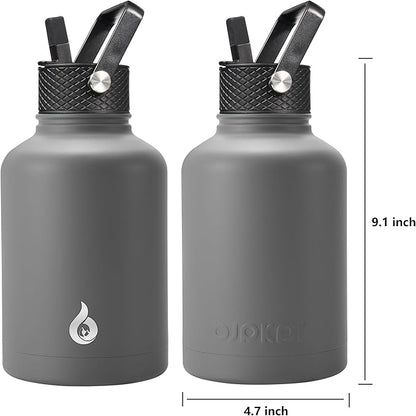 BJPKPK 50oz Stainless Steel Insulated Water Bottle, Vacuum Water Bottle with Straw, Leak Proof, Hot & Cold Insulation, 3 Lids & Paracord Handle, Gray