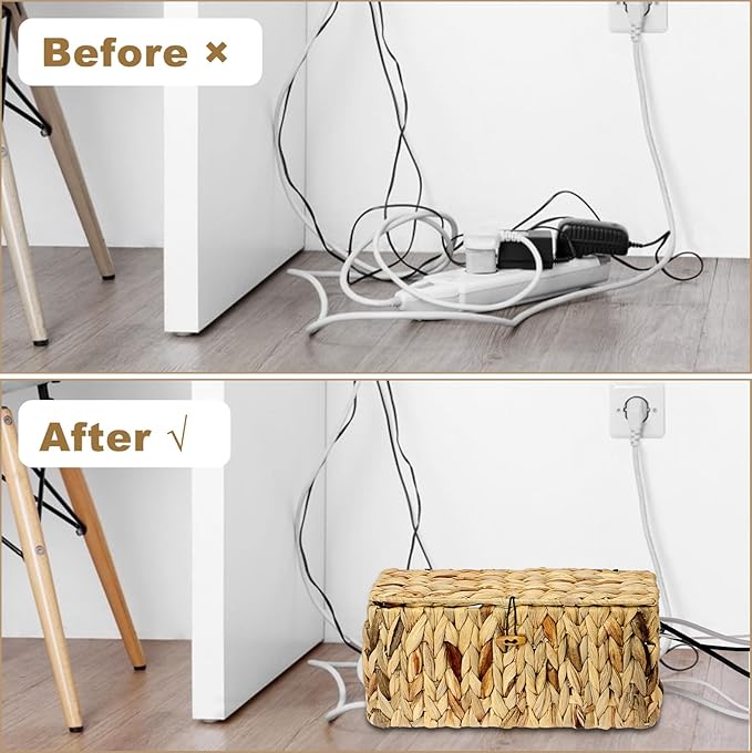 BTSKY Woven Cable Management Box with Lid, Water Hyacinth Cord Organizer for Desk, Cable Organizer Box with 2-Open Slots to Hide Power Strips USB Hubs for Home & Office, Pet Proofing Cord Basket, L