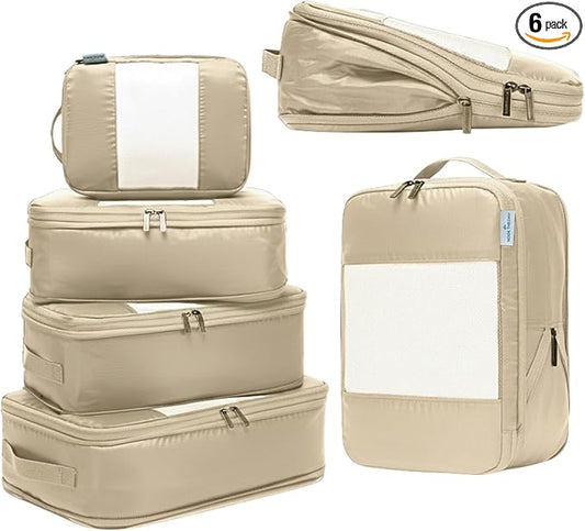6-Pack Large Compression Packing Cubes for Travel - Lightweight Compression Packing Cube Set, Water-Resistant Luggage Organizer Bags & Suitcase Organizers, Travel Cubes for Carry-On, Checked Luggage