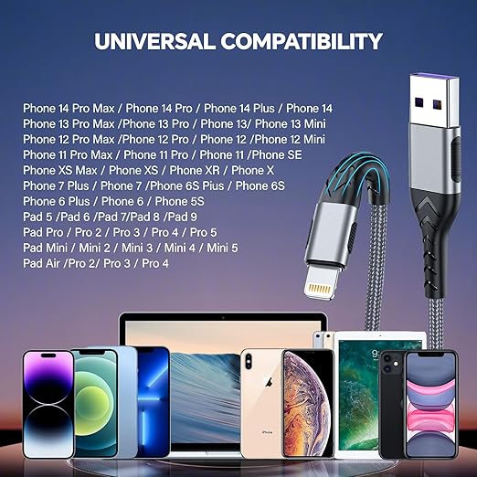 Compatible with i Phone, USB A to Lightniing Cable, 3Pack 10FT Long Fast Charging Cord Braided Appple Phone Cable for i Phone 14 13 12 11 Pro Max XS XR and More - Grey