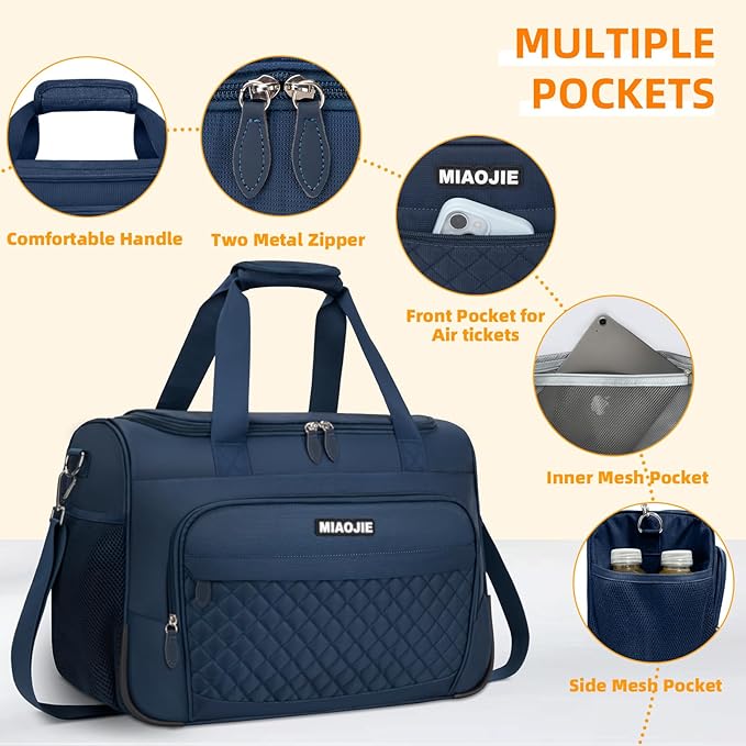 Travel Duffle Bag for Women, Underseat Carry On luggage Bag Foldable Overnight Weekender Hospital Bag Lightweight Airplanes Personal Item Travel Tote Bag for Women Birthday Gifts, 18IN Navy Blue