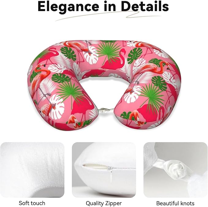 Neck Travel Pillow, Breathable Memory Foam Chin & Head Support Cushion Tropical Palm Leaf Pink Flamingos for Airplane Car Sleeping Rest