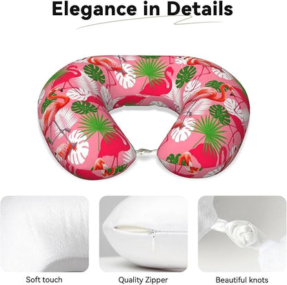 Neck Travel Pillow, Breathable Memory Foam Chin & Head Support Cushion Tropical Palm Leaf Pink Flamingos for Airplane Car Sleeping Rest