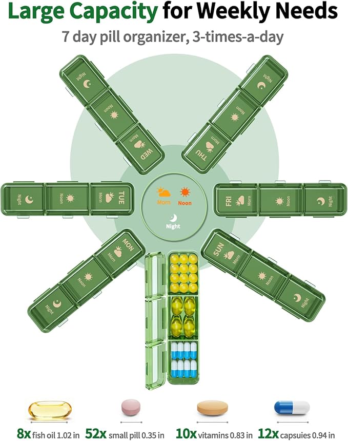 Weekly Pill Organizer 3X a Day, Large 7 Day Pill Box 3 Times a Day with 7 Compartments, Portable Travel Daily Pill Box for Medication, Vitamins, Fish Oil and Supplements, Green