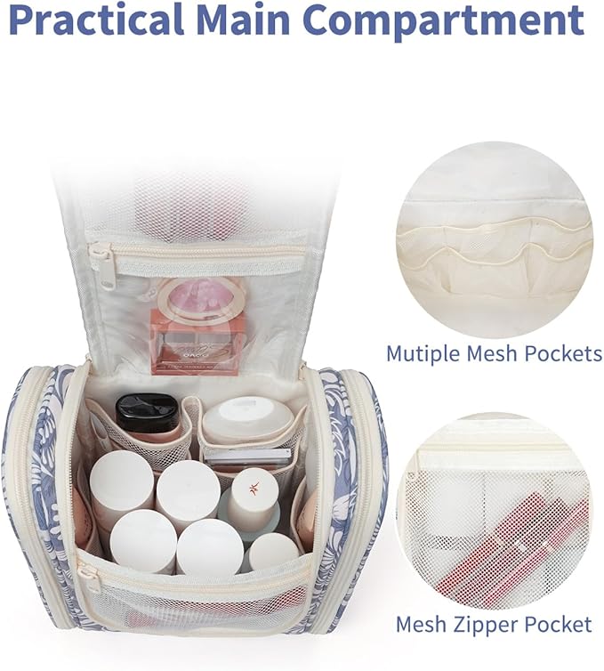 Narwey Small Hanging Toiletry Bag Women Travel Makeup Bag Organizer Toiletries Bag for Travel Size Essentials Accessories Cosmetics (Medium, Blue Leaf)