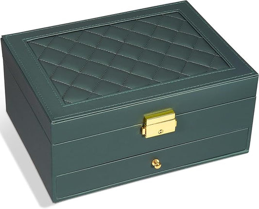 GUOER Jewelry Box for Women Girl Wife - Large PU Leather Jewelry Organizer Storage Case with Two Layers Display for Earrings Bracelets Rings Watches (Hunter Green)