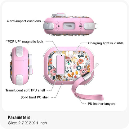 WENEW for AirPods Pro 3 Case (2025) Cover Secure Lock Automatic Snap Switch Clip Cleaner Kit Lanyard Women Stylish Flower Hard Shell Full Body Front LED Visible (Pink Flower, AirPods Pro 3)
