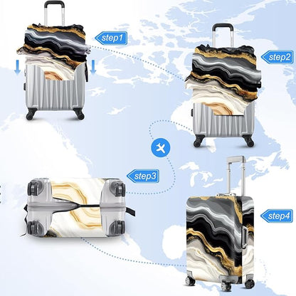 FOREVER QUEEN Gradient White Black Gold Marble Luggage Cover Suitcase Protector Suitcase Cover Anti-Scratch,Stretchable Bag Cover Washable Durable Polyester