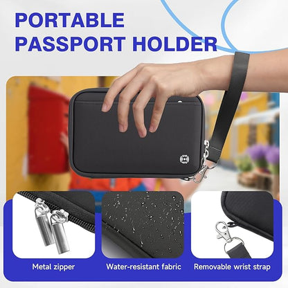 WALNEW Passport Holder for Travel Family, RFID-Blocking Travel Wallet Holder for 6 Passports, Water Resistant Bag Document Organizer for Cards, Cash, Boarding Passes, Tickets (Black)