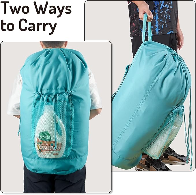 Backpack Laundry Bag with Straps and Detergent Holder, Clothes Laundry Backpack for College Travel Apartment Dorm Room (Green)