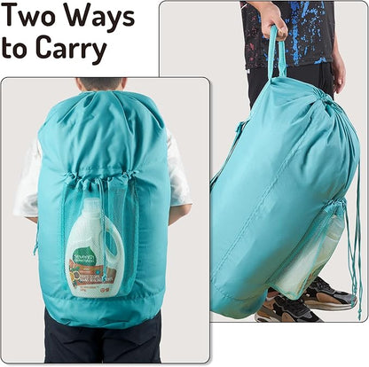 Backpack Laundry Bag with Straps and Detergent Holder, Clothes Laundry Backpack for College Travel Apartment Dorm Room (Green)