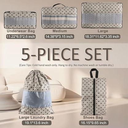 U+U 5 Set Packing Cubes for Travel Essentials Ultralight Luggage Packing Organizers with Laundry Bag and Shoe Bag for Vacation, Business Trip and Camping (Brown Polka Dot)