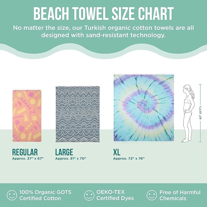 Sand Cloud Extra Large Turkish Beach Towel - Sand Free - 100% Organic Turkish Cotton Yarn - Quick Dry Towel for Beach, Picnic Blanket or Throw - As Seen on Shark Tank - Tie Dye (Luna)