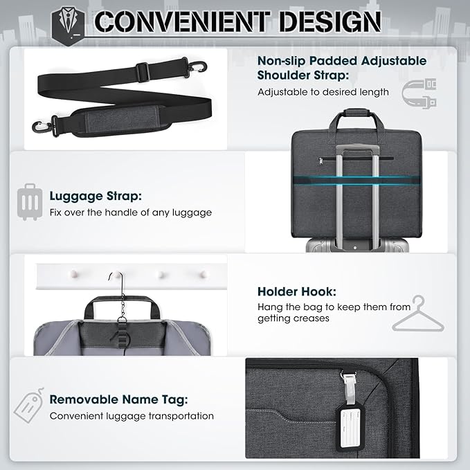 RAINSMORE Garment Bags for Travel Carry On Garment Bag for Hanging Clothes, Suit Bag for Business Trips with Shoes bag & Shoulder Strap, Waterproof Foldable Suit Luggage Bag for Men Women, Gray
