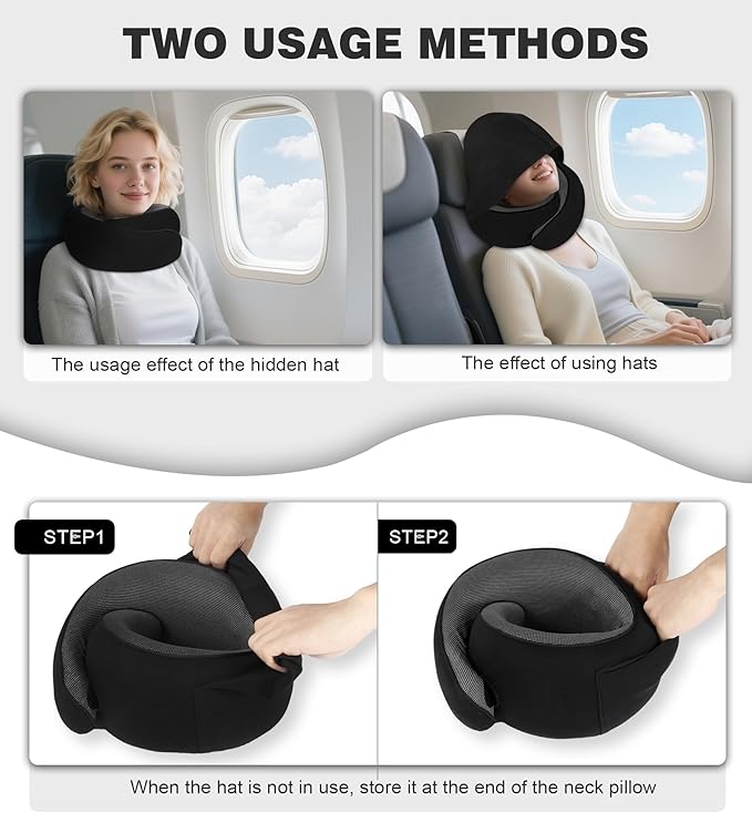 Travel Neck Pillow, Newly Upgraded Hooded Neck Pillow , 100% Pure Memory Foam Travel Pillow for Flight Headrest Sleep,Windproof and heat preservation,Suitable for use in Outdoor/ Plane/Car/Office