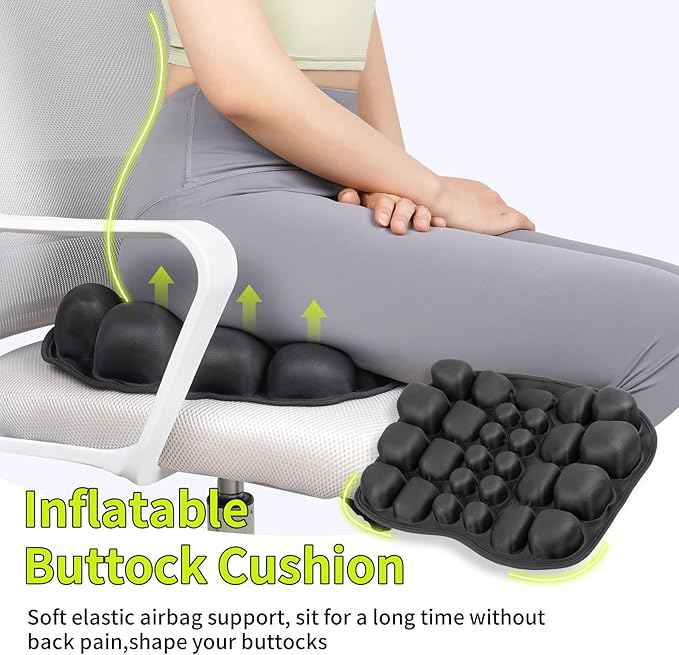 Inflatable Travel Cushion Airplane Seat Pad with Lumbar Support - 3D Air Cushion for Office, Car, Wheelchair - Perfect for Long Flights, Pressure Relief & Travel Comfort - Black