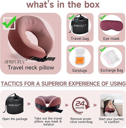 SPRFUFLY Super Comfy Travel Pillow - 100% Memory Foam Neck Pillow for Sleeping, Airplane Pillow with Sleep Mask & Earplugs, Travel Essentials Neck Pillow for Airplane, Car, Office & Home