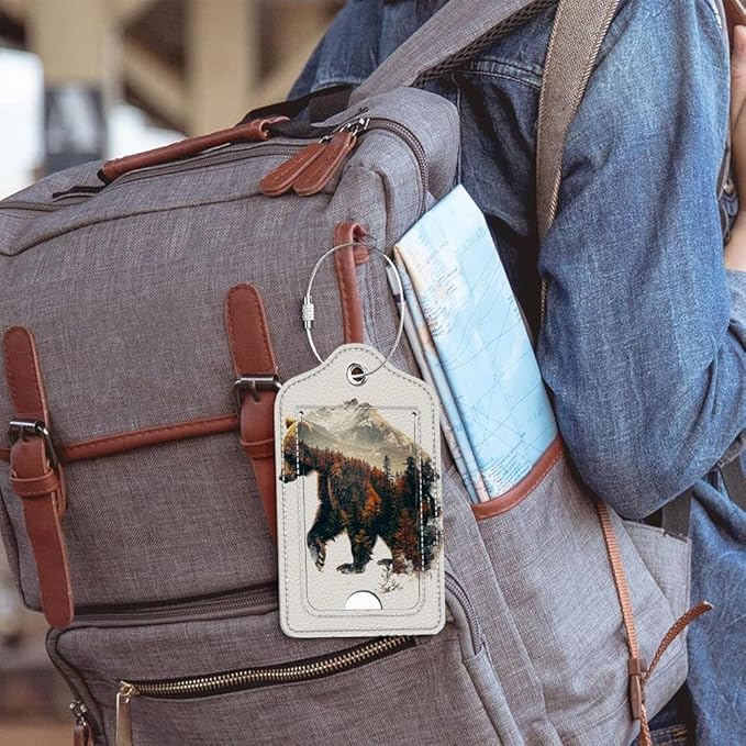 Funny PU Leather Luggage Tags 2-Pack Autumn Forest Bear Cute Pattern Suitable for Suitcase Stainless Steel Loop and Address Card Essential for Cruise and Airport Travel for Men and Women