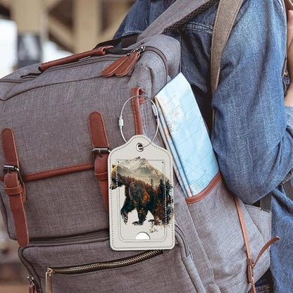 Funny PU Leather Luggage Tags 2-Pack Autumn Forest Bear Cute Pattern Suitable for Suitcase Stainless Steel Loop and Address Card Essential for Cruise and Airport Travel for Men and Women