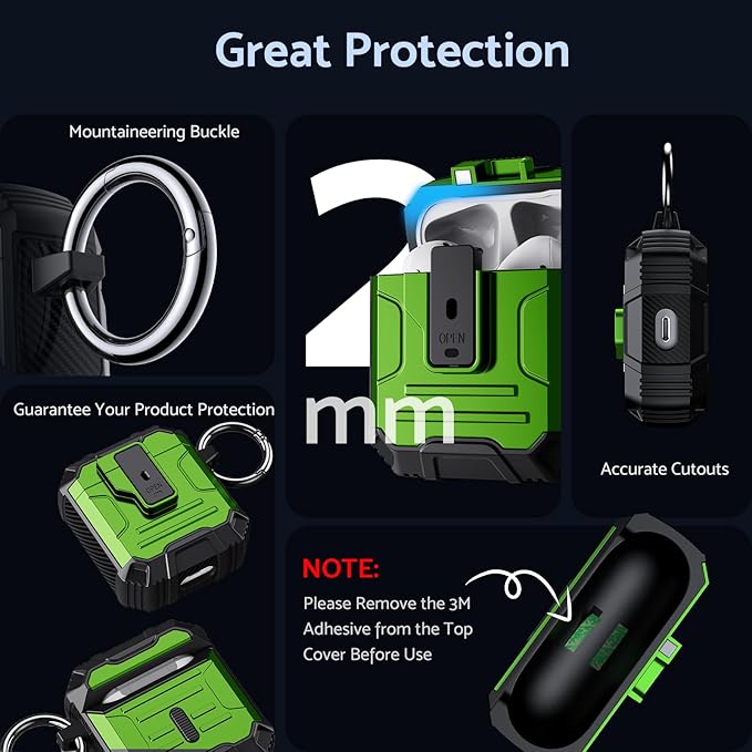 DASFOND Armor Cover AirPods 2nd & 1st Generation Case, Military Grade Full Body Shockproof Protection Hard Case, Support Wireless Charging with Keychain, Magnetic Lid, Front LED Visible, Green
