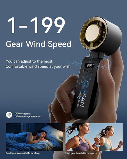 Handheld Portable Turbo Fan with Ice Cooler, Speed (1-199) 5500mAh Rechargeable Personal Fan,[20H Cooling Time] Mini Yet Powerful [20000 RPM] Small Pocket Fans for Travel/Outdoor/Office, Gold Black