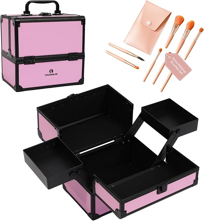 Makeup Train Case 2 Trays Makeup Box Organizer Portable Travel Makeup Case Lockable Makeup Storage Organizer Cosmetic Box for Jewelry Nail Tech Brushes Accessories Tool,Black Pink Pro