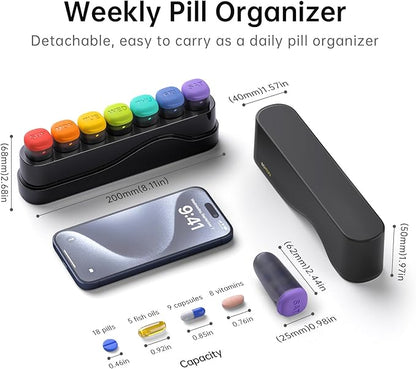 Weekly Pill Organizer 1 Time a Day, Detachable Pill Box 7 Day, Travel Pill Case, Once Daily Medication Dispenser, Week Pill Holder Container for Vitamin, Medicine, Supplement, Pillbox, Black