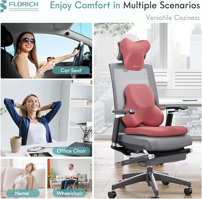 FLORICH Car Seat Cushion and Lumbar Support Pillow for Office Chair Car, Neck Headrest Pillow, Ergonomic Memory Foam, Pressure-Relieving Back Support for Car, Office Chair & Wheelchair – Red