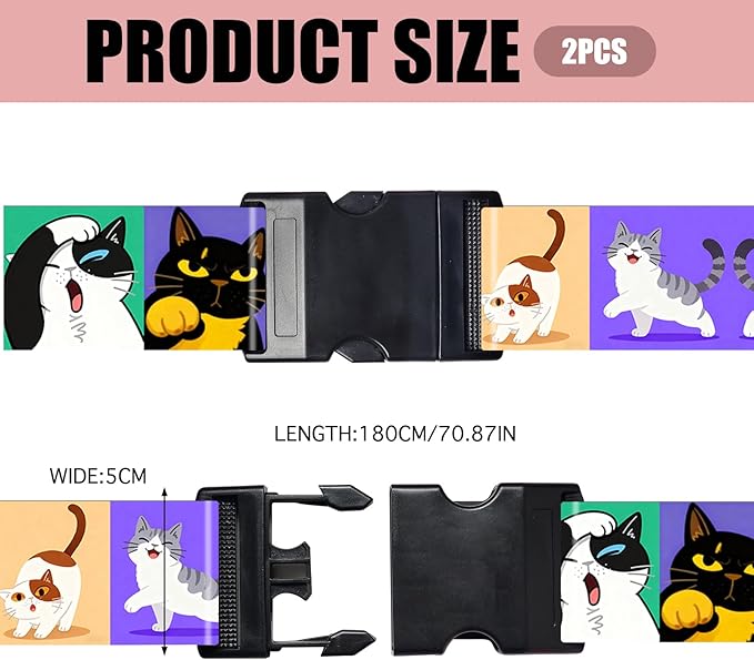 Nuxovilar Luggage Straps of 2 Set Cartoon Cats Pattern, 1.96x90.5 inches - Luggage Straps for Suitcases, Perfect for Pet Lovers, Family Trips, Casual Travel