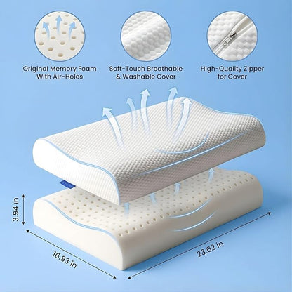 Original Contour Memory Foam Pillow with Bag – Ergonomic Cervical Neck Pillow for Side and Back Sleepers – Neck Alignment and Shoulder Support Design