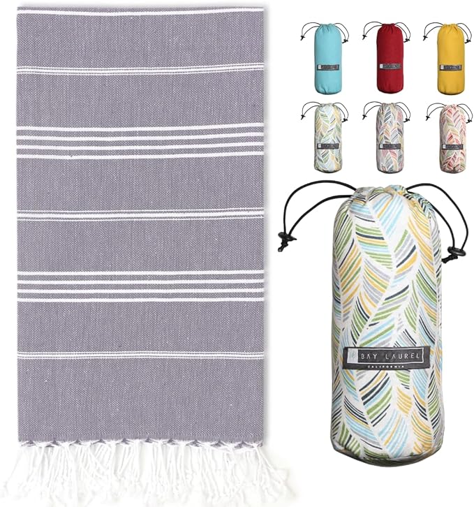 BAY LAUREL Turkish Beach Towel with Travel Bag 39 x 71 Quick Dry Sand Free Lightweight Large Oversized Towels Light