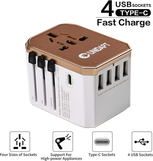 International Plug Adapter, Unidapt Travel Adapter Worldwide - All in one Universal Charger USB Travel Power Adaptor with 5 USB for EU AU UK USA - 160 Countries (Rose Gold)
