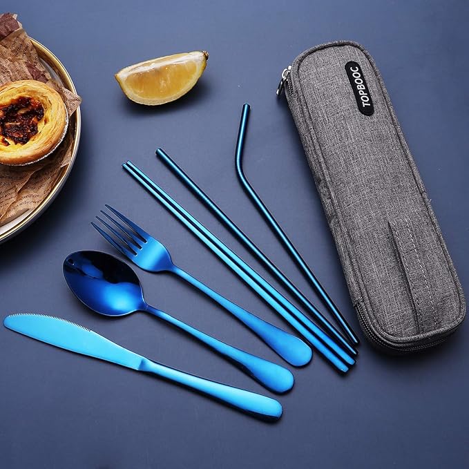 Portable Stainless Steel Flatware Set, Travel Camping Cutlery Set, Portable Utensil Travel Silverware Dinnerware Set with a Waterproof Case (Blue)