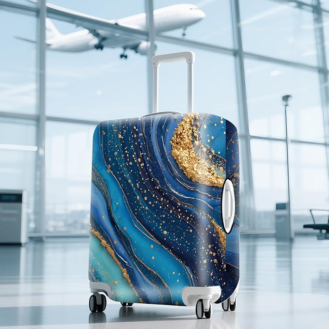 FOREVER QUEEN Luxury Golden blue Marble Luggage Cover Suitcase Protector Suitcase Cover Anti-Scratch,Stretchable Bag Cover Washable Durable Polyester