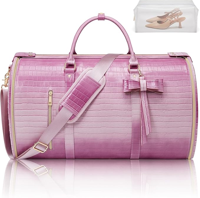 Garment Bags for Travel, 2-in-1 Convertible Travel Garment Duffle Bag for Women, Foldable Carry On Garment Bag with Shoe Compartment & Toiletry Pocket, PU Leather Weekender Bag, Pink-White