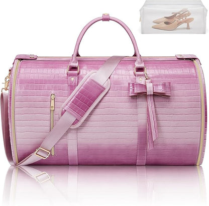 Garment Bags for Travel, 2-in-1 Convertible Travel Garment Duffle Bag for Women, Foldable Carry On Garment Bag with Shoe Compartment & Toiletry Pocket, PU Leather Weekender Bag, Pink-White