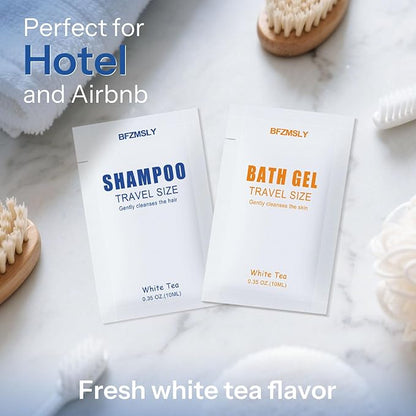 100 Sets Travel Size Toiletry Sets, Shampoo & Body Wash (0.35oz Each, 2-in-1 Toiletries Kit, White Tea Scent) – Individually Wrapped Hotel Amenity Packs for Guests, Airbnb, Vacation Rentals