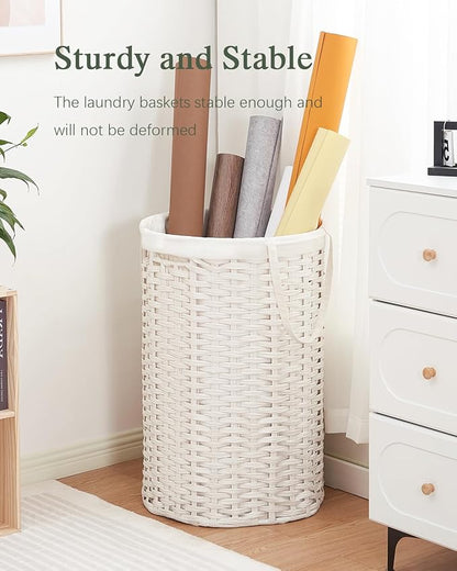34.3 Gal (130 L) Large Laundry Hamper Laundry Basket Round Handwoven Wicker Laundry Baskets Rattan Laundry Basket with Removable Bag Handles 2 Mesh Bags for Living Room Bedroom White